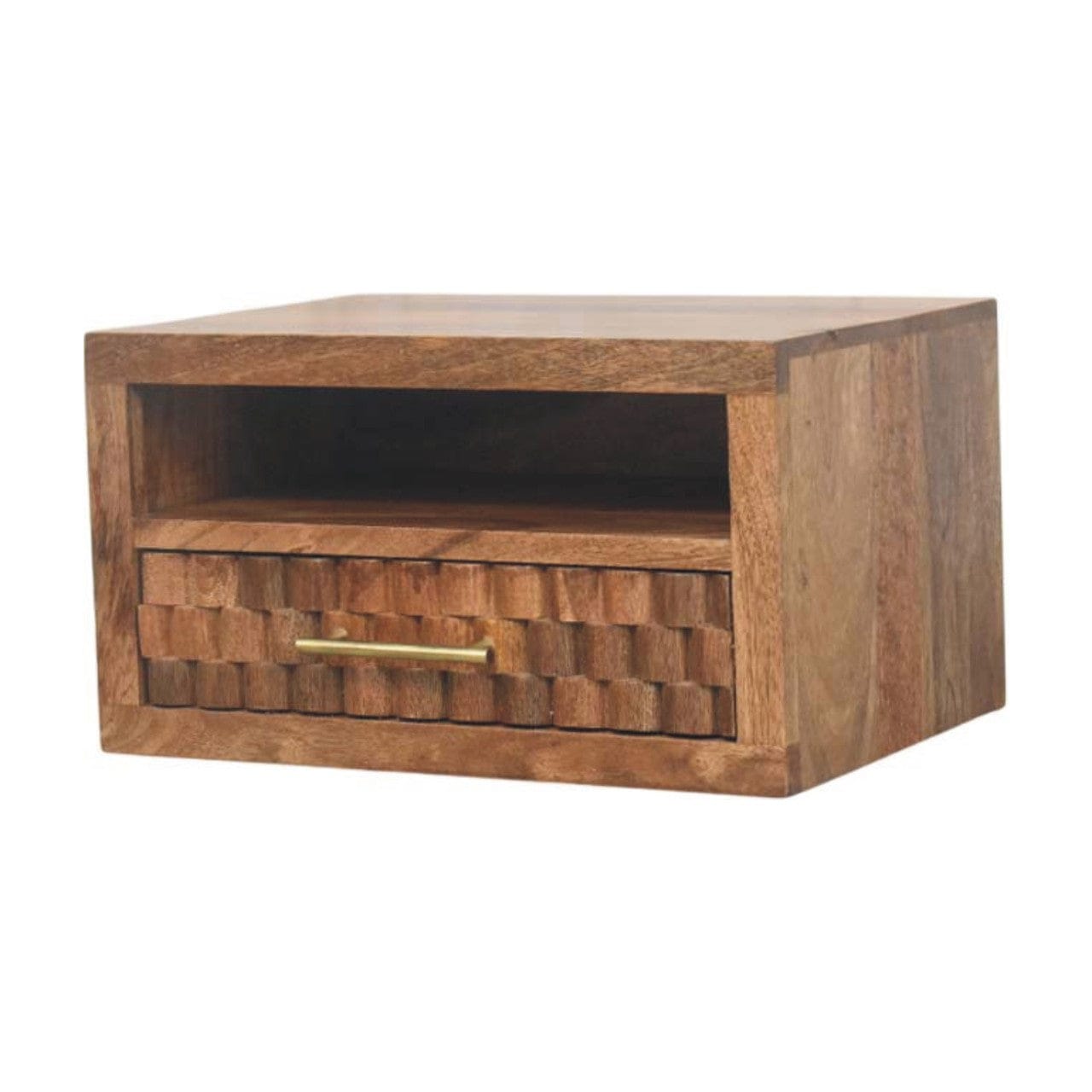 Arno Floating Nightstand - Solid Mango Wood Bedside Table for Bedroom - product view 3 showing handcrafted solid mango...
