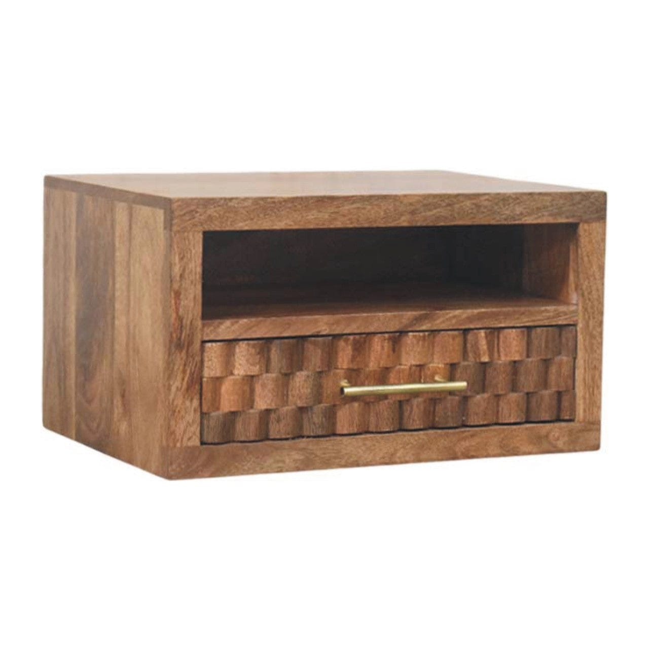 Arno Floating Nightstand - Solid Mango Wood Bedside Table for Bedroom - product view 2 showing handcrafted solid mango...