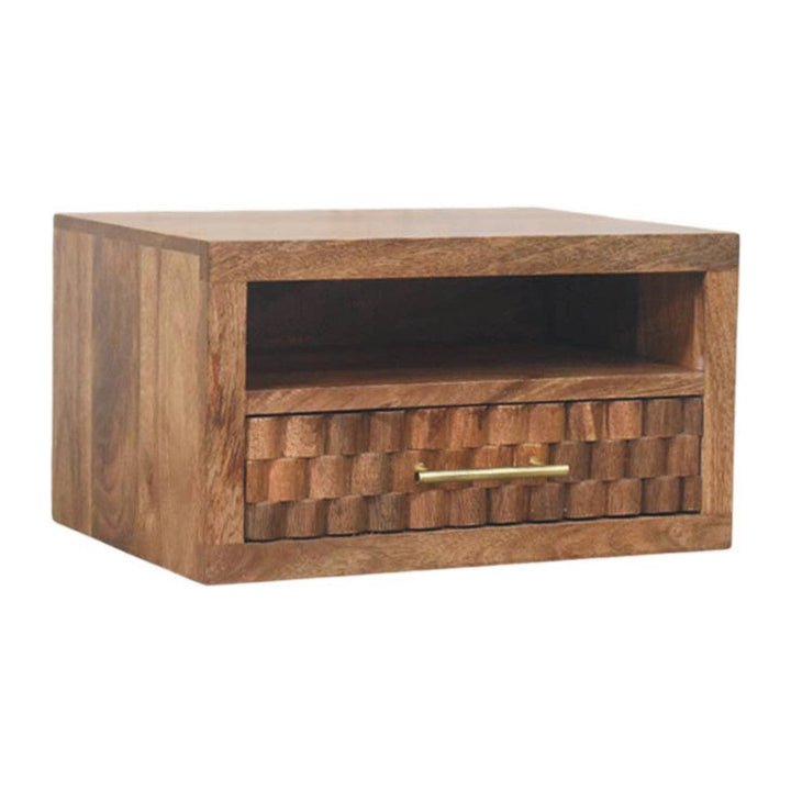 Arno Floating Nightstand - Solid Mango Wood Bedside Table for Bedroom - product view 2 showing handcrafted solid mango...