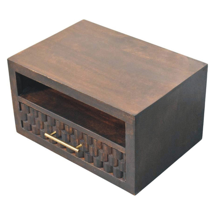 Arno Floating Nightstand - Solid Mango Wood Bedside Table for Bedroom - product view 2 showing handcrafted solid mango...