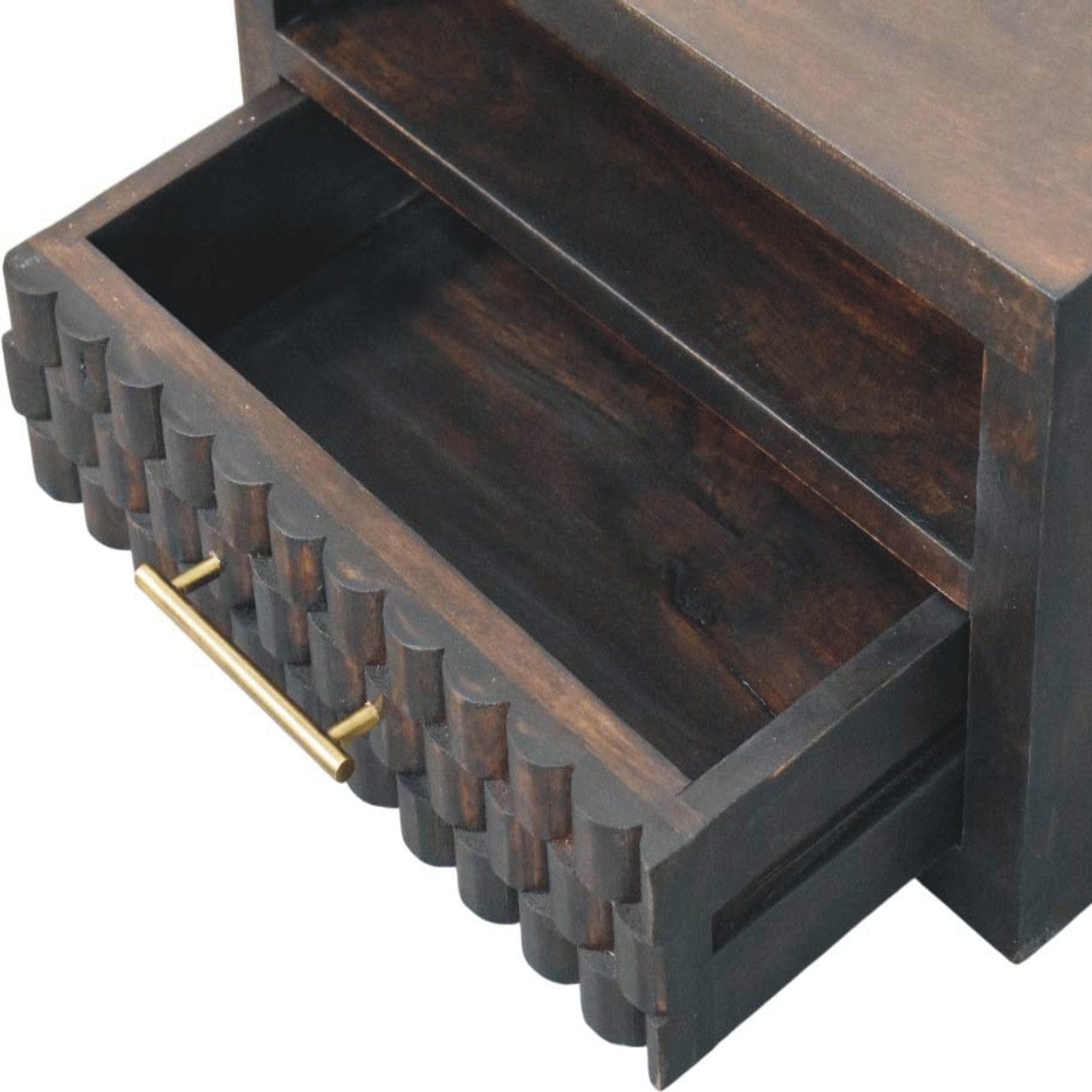 Arno Floating Nightstand - Solid Mango Wood Bedside Table for Bedroom - product view 5 showing handcrafted solid mango...