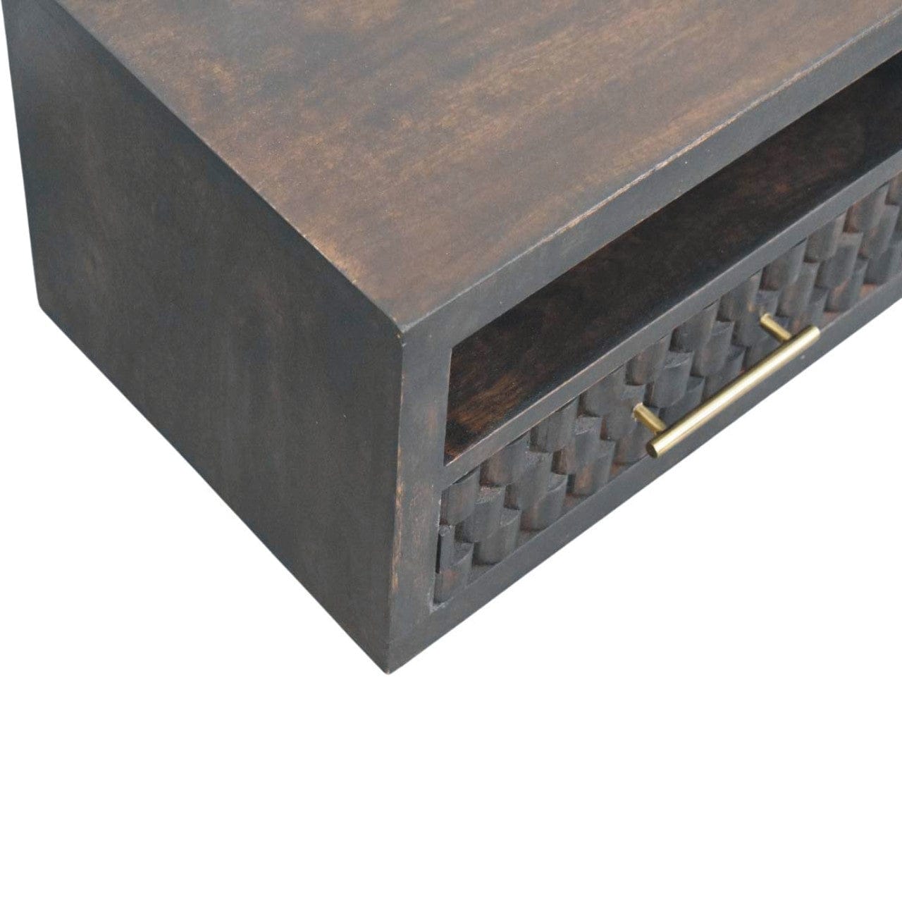 Arno Floating Nightstand - Solid Mango Wood Bedside Table for Bedroom - product view 4 showing handcrafted solid mango...