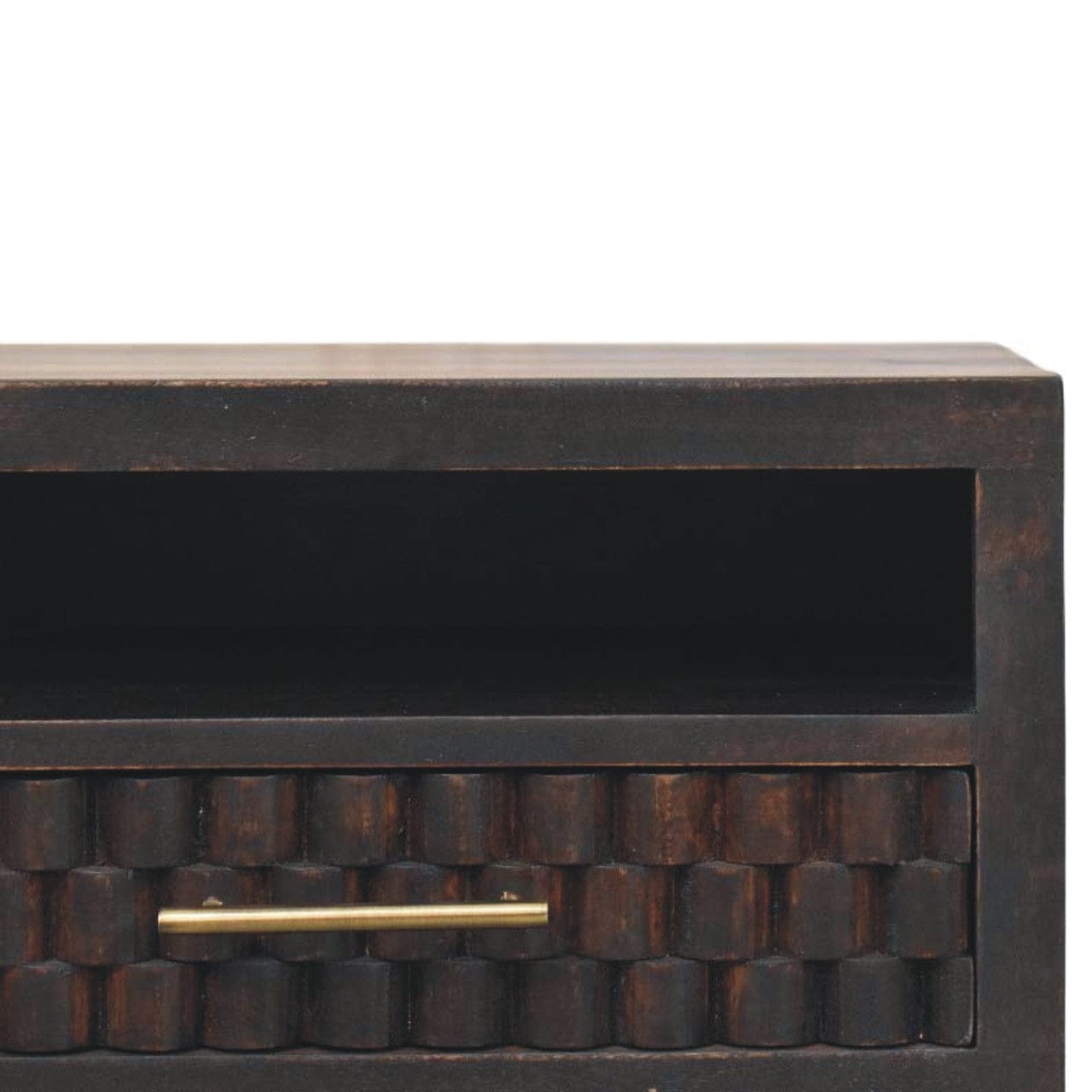 Arno Floating Nightstand - Solid Mango Wood Bedside Table for Bedroom - product view 3 showing handcrafted solid mango...
