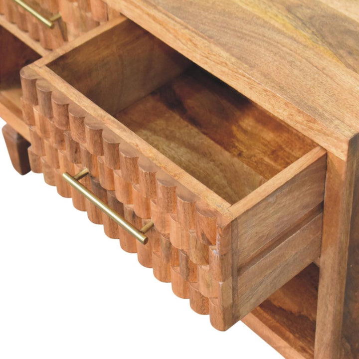 Arno Shoe Storage Unit in Golden Teak in Solid Mango Wood - product view 6 showing handcrafted solid mango wood furniture