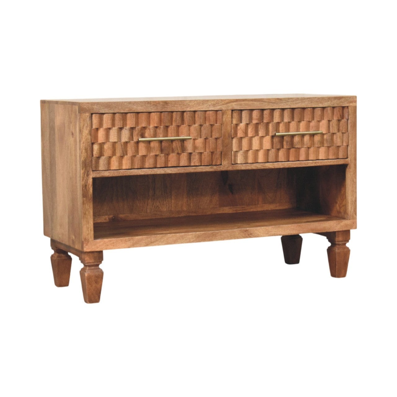 Arno Shoe Storage Unit in Golden Teak in Solid Mango Wood - product view 3 showing handcrafted solid mango wood furniture