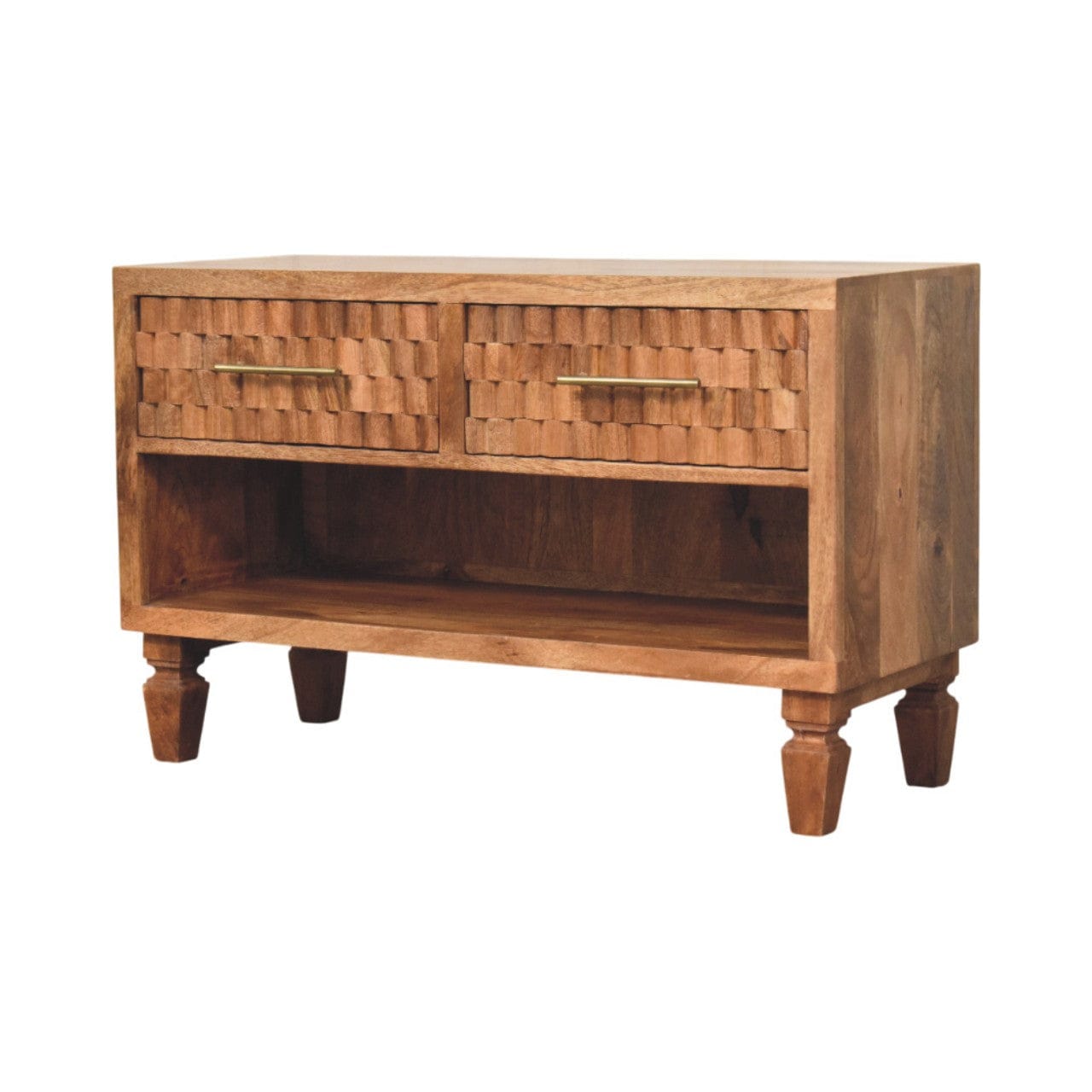 Arno Shoe Storage Unit in Golden Teak in Solid Mango Wood - product view 2 showing handcrafted solid mango wood furniture
