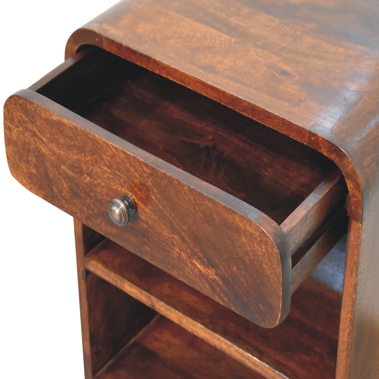 Aspen Open Nightstand - Solid Mango Wood Bedside Table for Bedroom - product view 7 showing handcrafted solid mango wood...