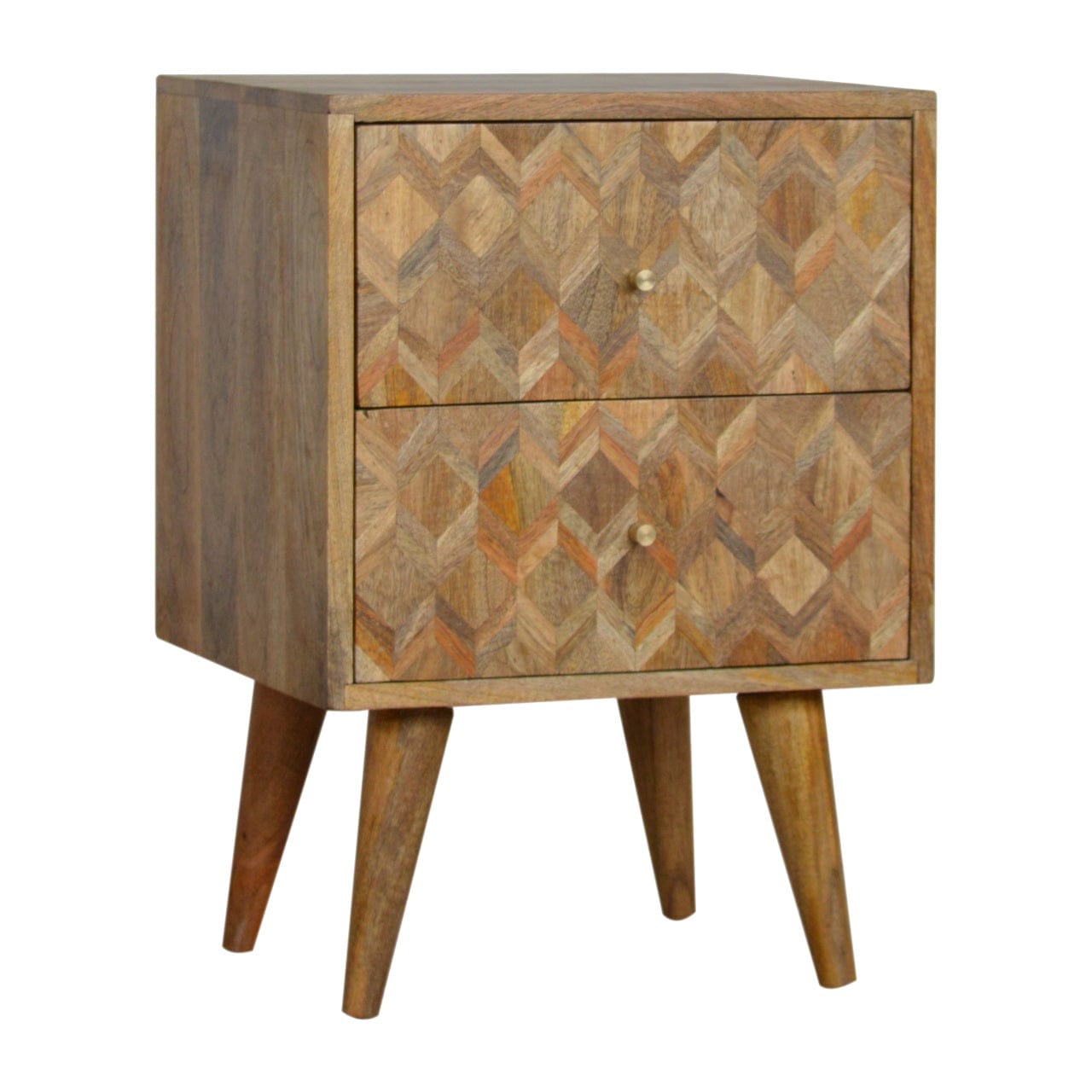 Assorted Oak-ish Nightstand - Solid Mango Wood Bedside Table for Bedroom - product view 2 showing handcrafted solid mango...