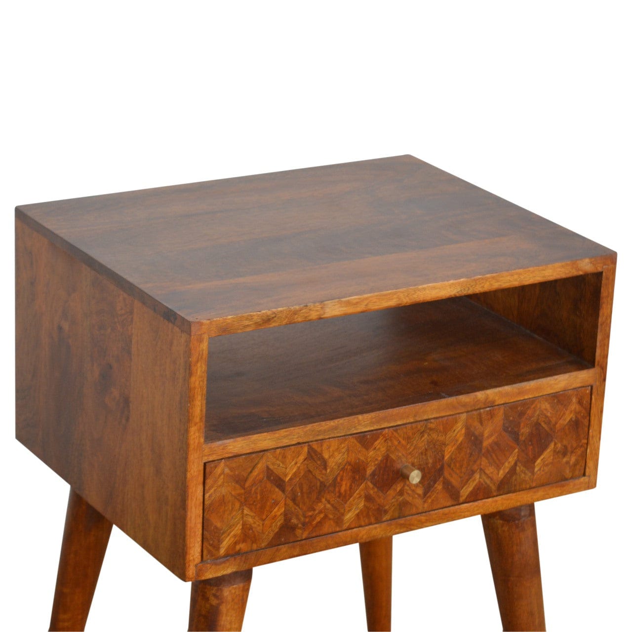 Assorted Open Chestnut Nightstand - Solid Mango Wood Bedside Table for Bedroom - product view 3 showing handcrafted solid...