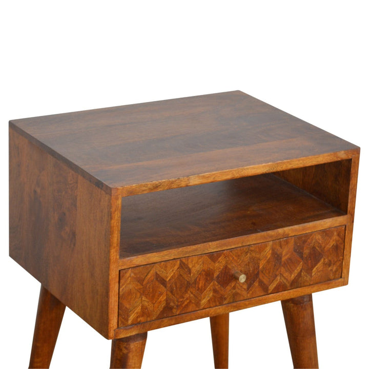 Assorted Open Chestnut Nightstand - Solid Mango Wood Bedside Table for Bedroom - product view 3 showing handcrafted solid...