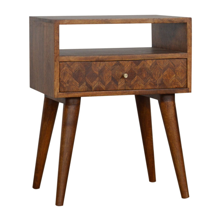 Assorted Open Chestnut Nightstand - Solid Mango Wood Bedside Table for Bedroom - product view 2 showing handcrafted solid...