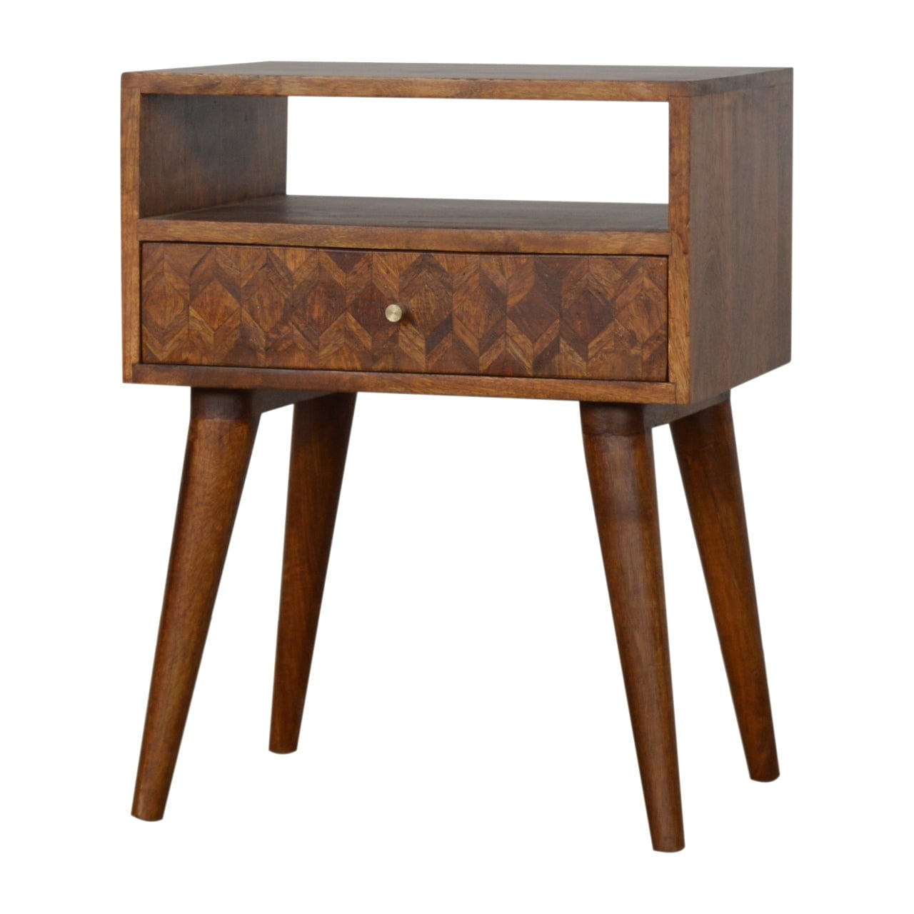 Assorted Open Chestnut Nightstand - Solid Mango Wood Bedside Table for Bedroom - main view showing handcrafted solid...