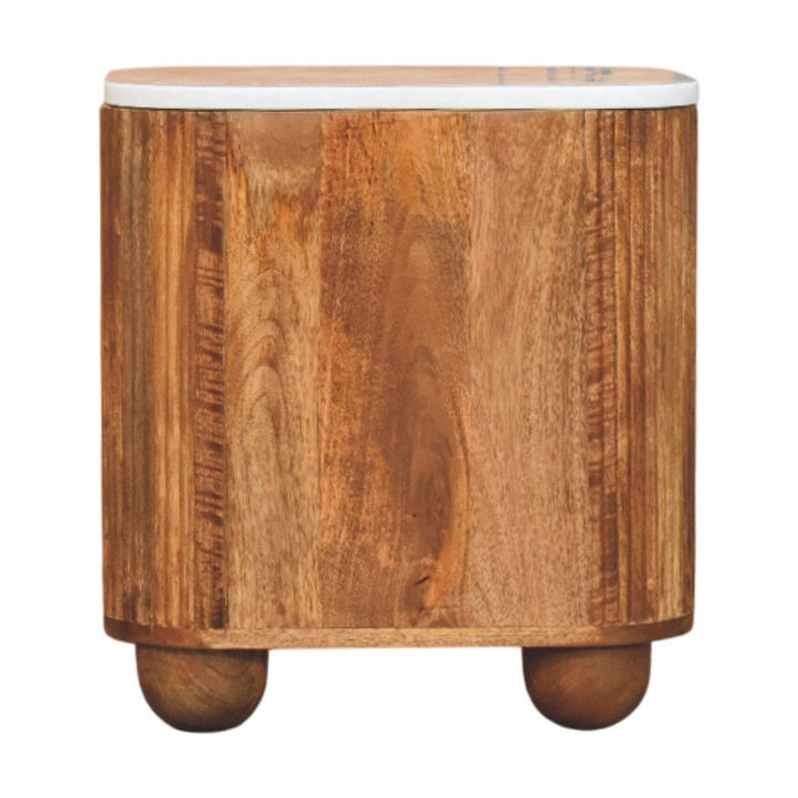 Aurora Marble Top Nightstand - Solid Mango Wood Bedside Table for Bedroom - product view 9 showing handcrafted solid...