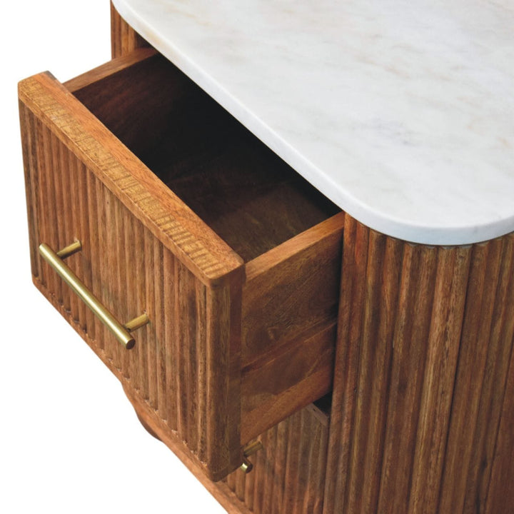 Aurora Marble Top Nightstand - Solid Mango Wood Bedside Table for Bedroom - product view 6 showing handcrafted solid...