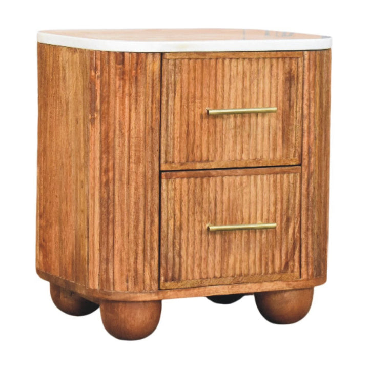Aurora Marble Top Nightstand - Solid Mango Wood Bedside Table for Bedroom - product view 3 showing handcrafted solid...