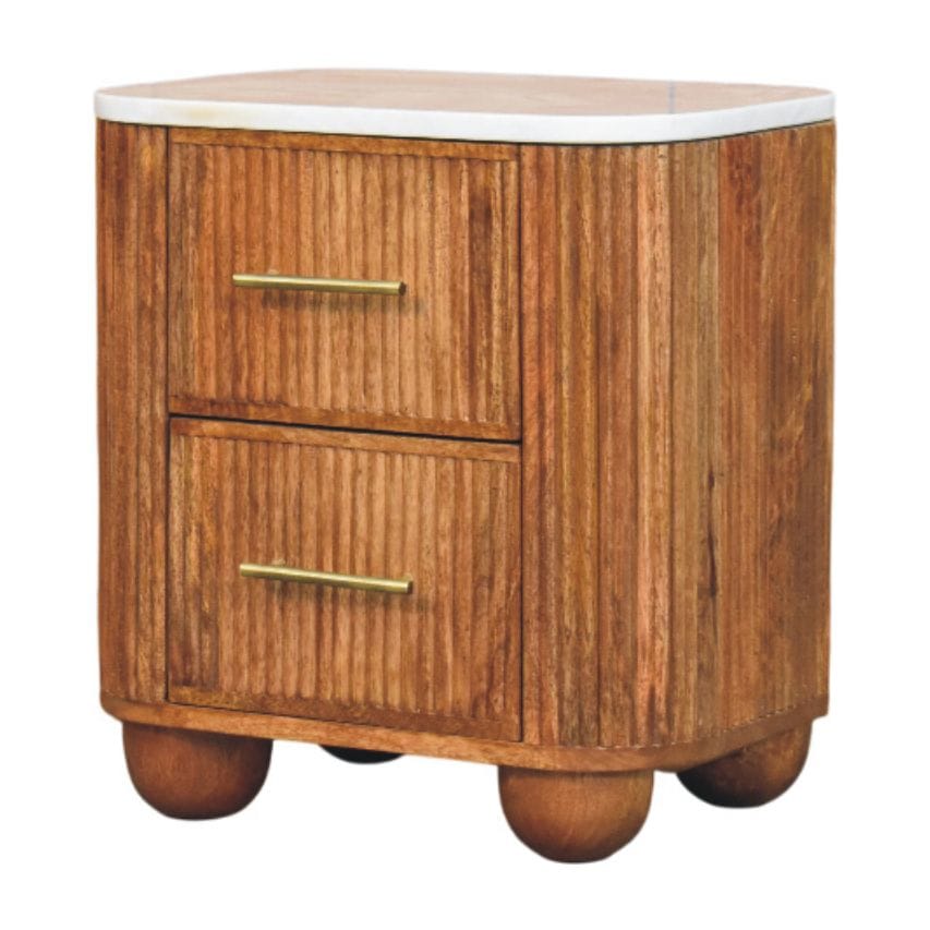 Aurora Marble Top Nightstand - Solid Mango Wood Bedside Table for Bedroom - product view 2 showing handcrafted solid...