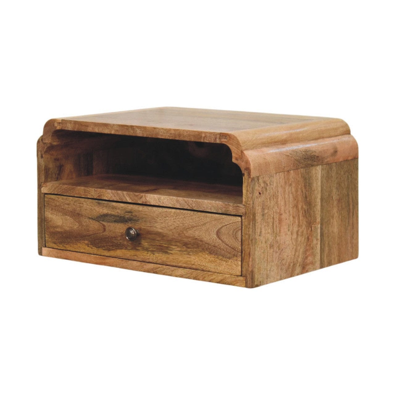 Avora Floating Nightstand - Solid Mango Wood Bedside Table for Bedroom - product view 3 showing handcrafted solid mango...