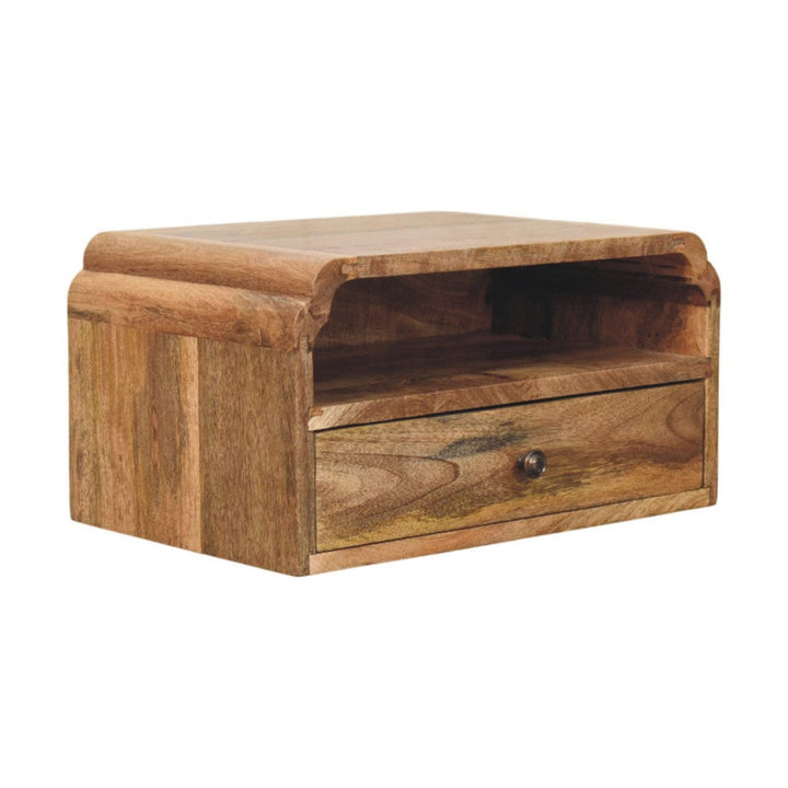 Avora Floating Nightstand - Solid Mango Wood Bedside Table for Bedroom - product view 2 showing handcrafted solid mango...