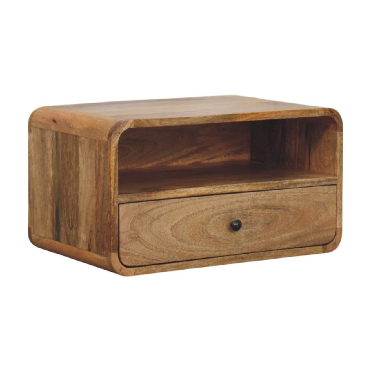 Avora Wall-Mounted Oak-ish Nightstand - Solid Mango Wood Bedside Table for Bedroom - product view 2 showing handcrafted...