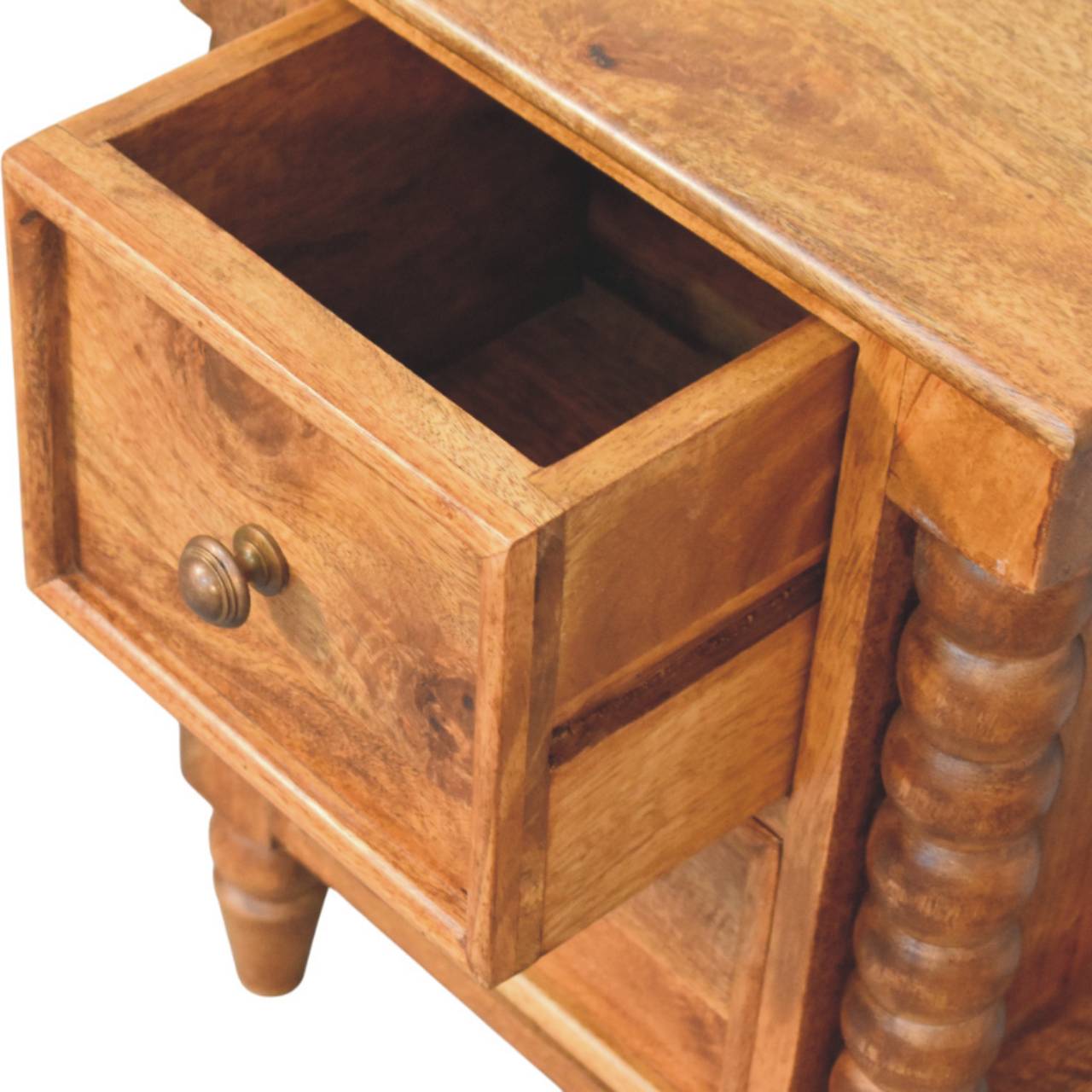 Barley Twist 2-Drawer Nightstand - Solid Mango Wood Bedside Table for Bedroom - product view 6 showing handcrafted solid...