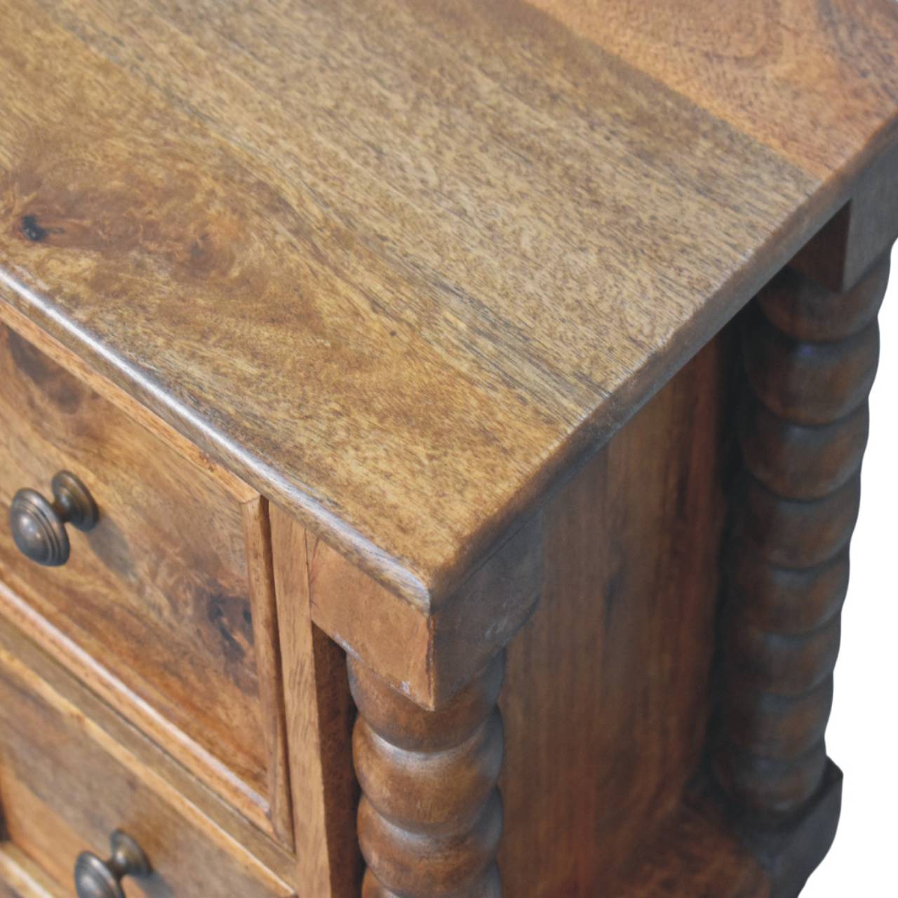Barley Twist 2-Drawer Nightstand - Solid Mango Wood Bedside Table for Bedroom - product view 5 showing handcrafted solid...