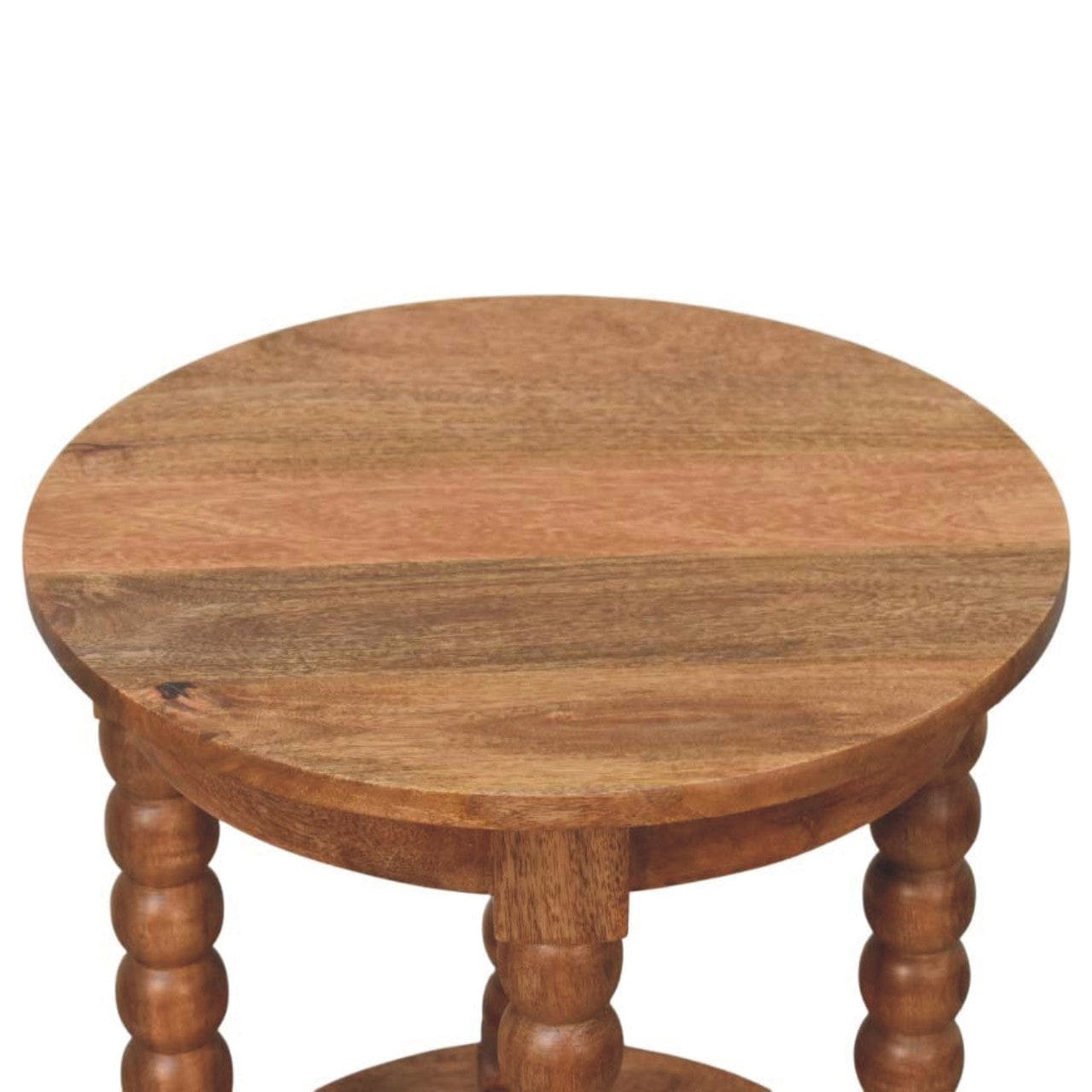 Barley Twist Round Golden Teak End Table - Solid Mango Wood Side Table for Living Room - product view 6 showing...