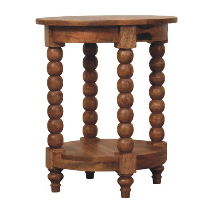 Barley Twist Round Golden Teak End Table - Solid Mango Wood Side Table for Living Room - product view 3 showing...