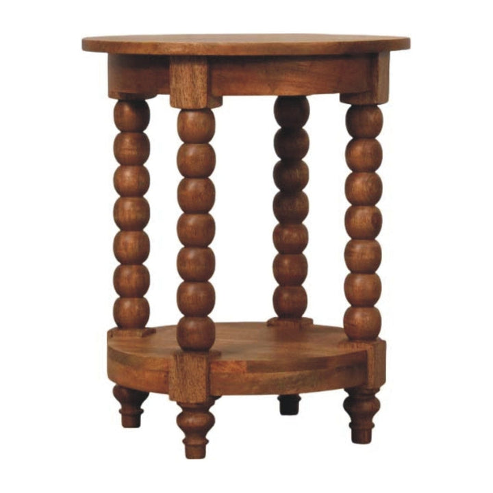 Barley Twist Round Golden Teak End Table - Solid Mango Wood Side Table for Living Room - product view 2 showing...
