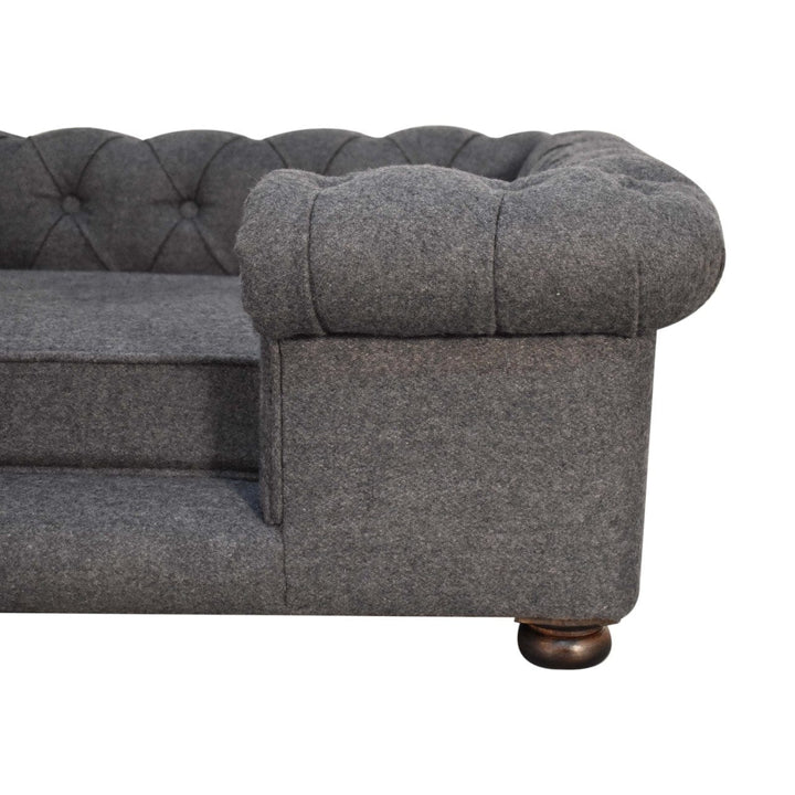 Battleship Tweed Button Pet Bed - Solid Mango Wood Dog Sofa for Home - product view 6 showing handcrafted solid mango...