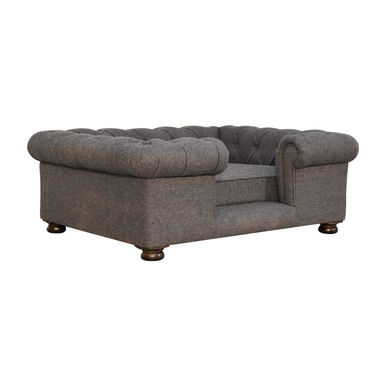 Battleship Tweed Button Pet Bed - Solid Mango Wood Dog Sofa for Home - product view 3 showing handcrafted solid mango...