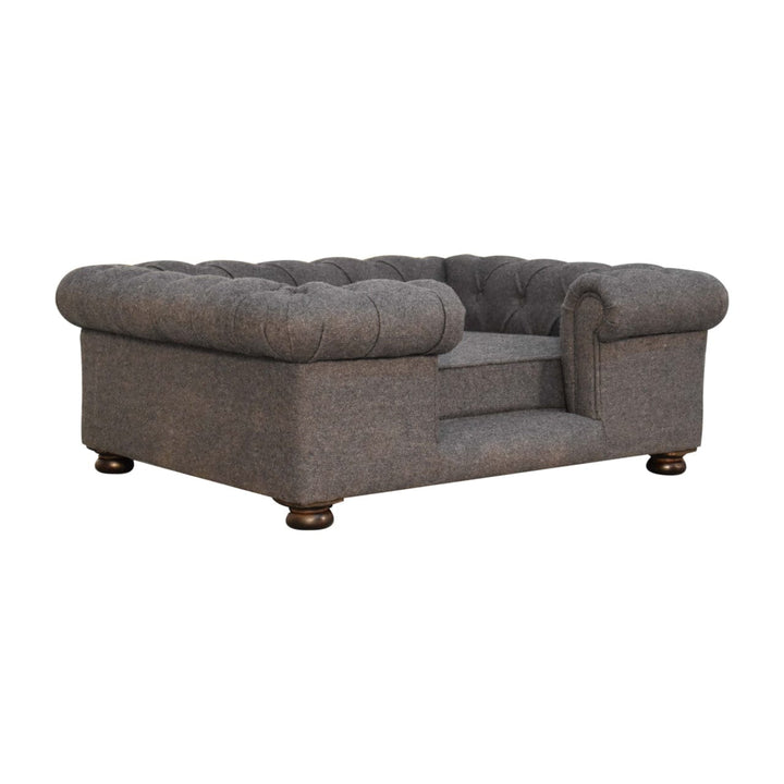Battleship Tweed Button Pet Bed - Solid Mango Wood Dog Sofa for Home - product view 3 showing handcrafted solid mango...