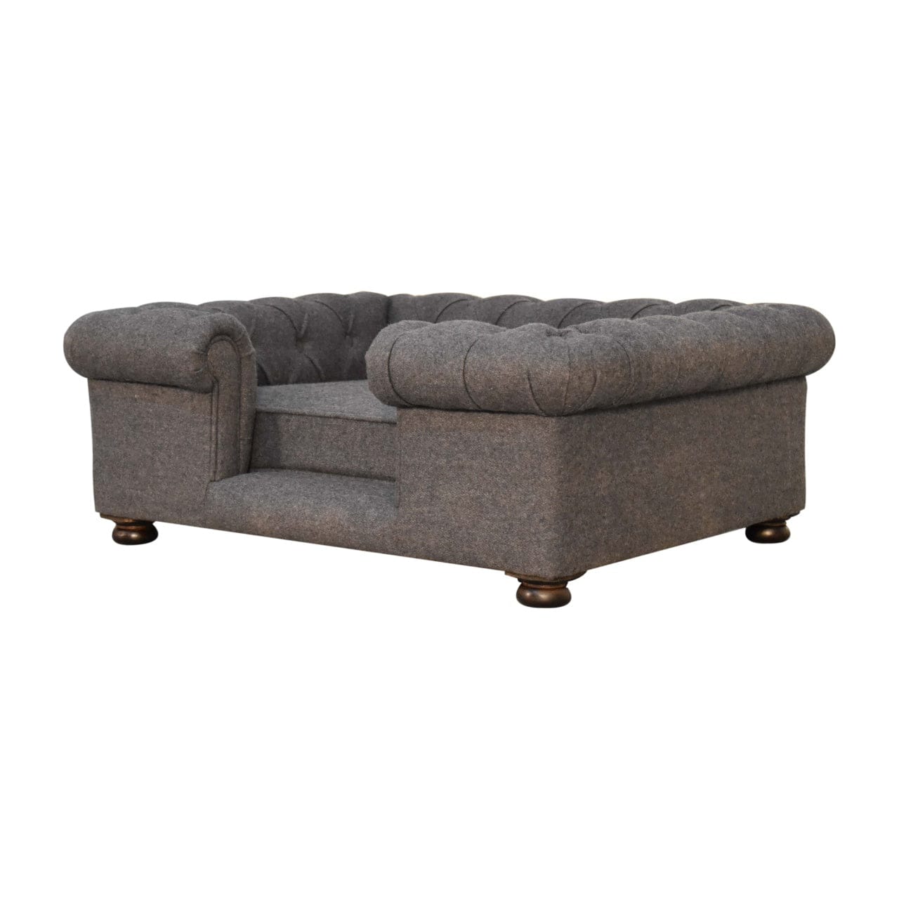 Battleship Tweed Button Pet Bed - Solid Mango Wood Dog Sofa for Home - product view 2 showing handcrafted solid mango...