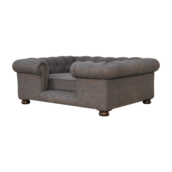 Battleship Tweed Button Pet Bed - Solid Mango Wood Dog Sofa for Home - product view 2 showing handcrafted solid mango...