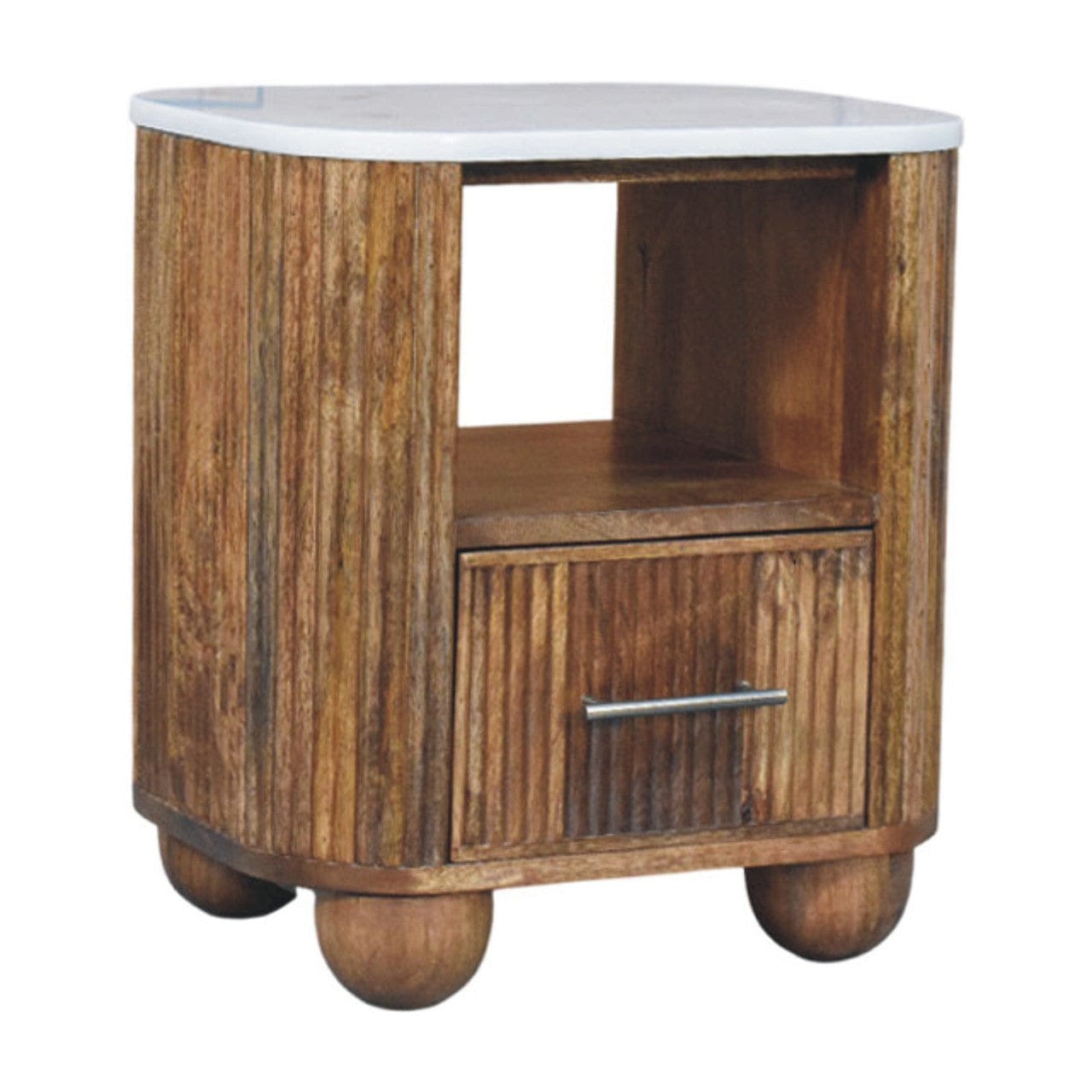 Beaumont Marble Nightstand - Solid Mango Wood Bedside Table for Bedroom - product view 3 showing handcrafted solid mango...