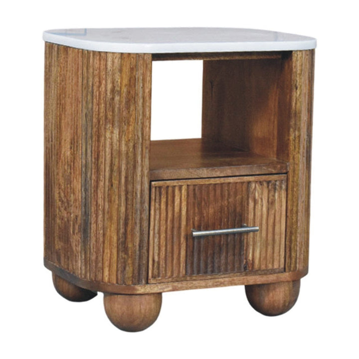 Beaumont Marble Nightstand - Solid Mango Wood Bedside Table for Bedroom - product view 3 showing handcrafted solid mango...
