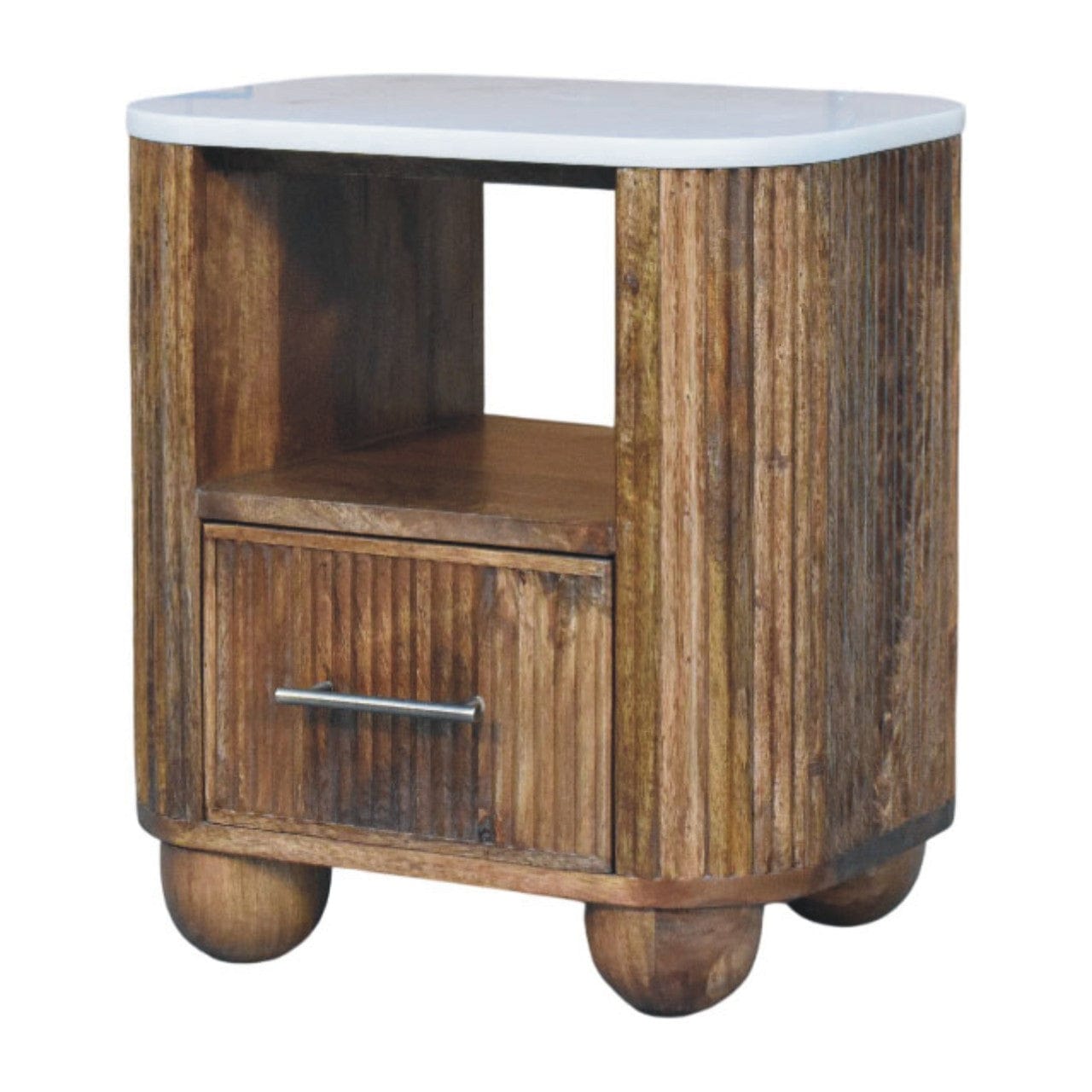 Beaumont Marble Nightstand - Solid Mango Wood Bedside Table for Bedroom - product view 2 showing handcrafted solid mango...