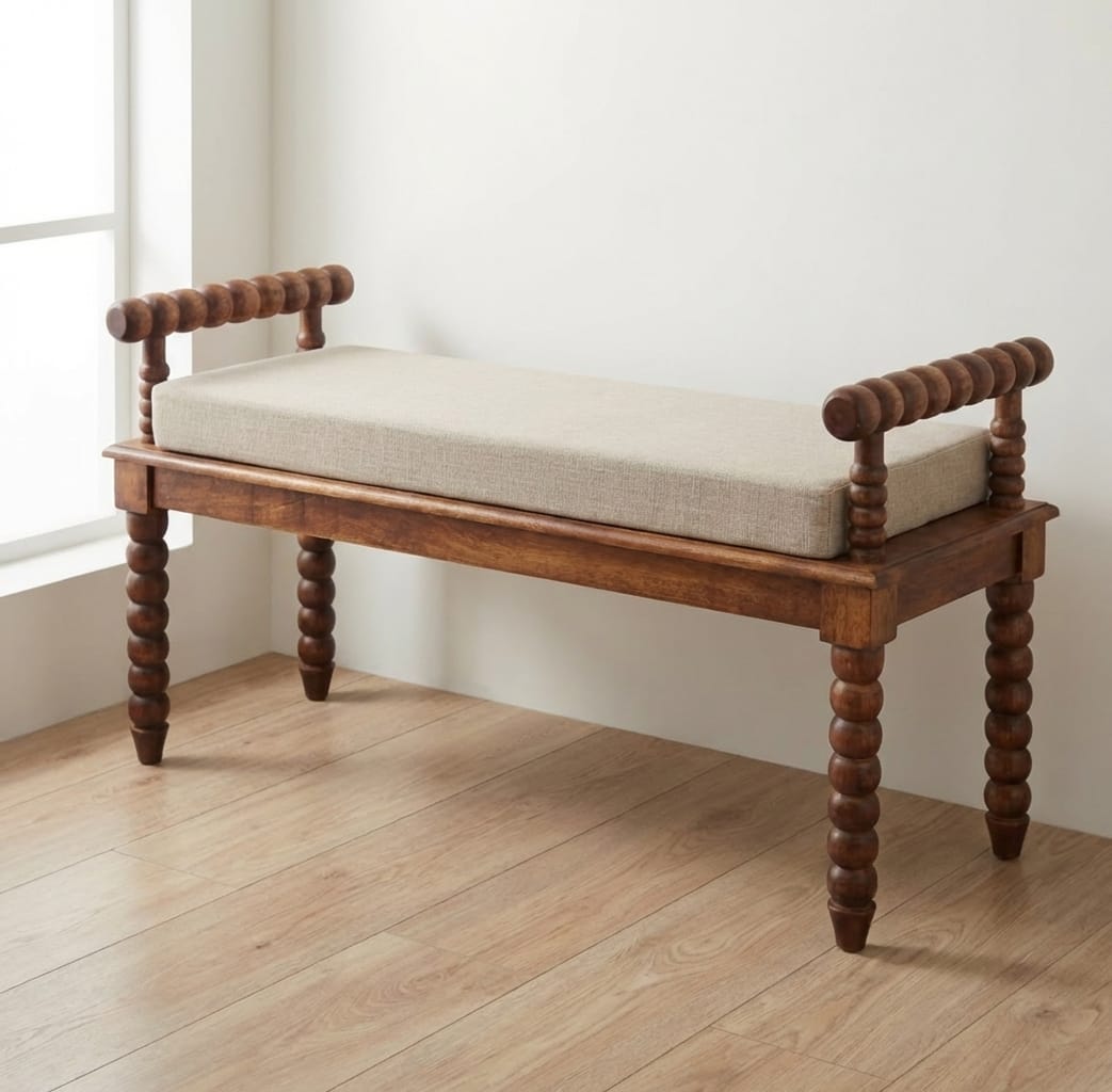 Amber Oak Mud Linen Bench - Solid Mango Wood Seating Furniture for Entryway - main view showing handcrafted solid mango...