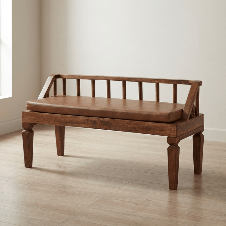 Bordeaux Leather Bench - Solid Mango Wood Seating Furniture for Entryway - main view showing handcrafted solid mango wood...