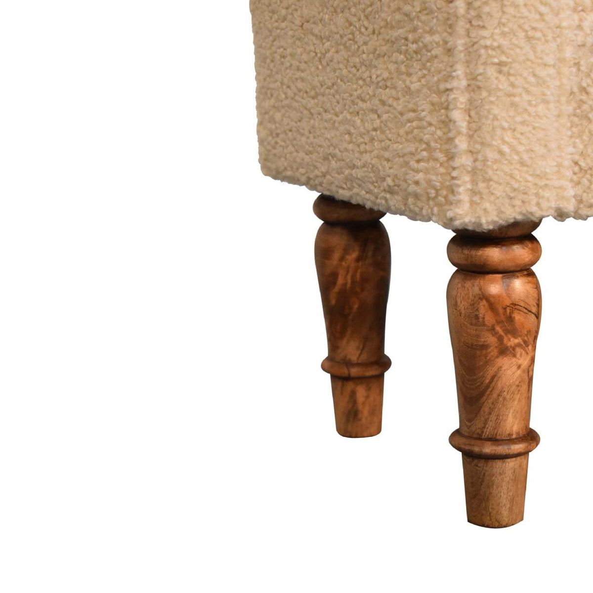 Boucle Cream Bench - Solid Mango Wood Seating Furniture for Entryway - product view 8 showing handcrafted solid mango...