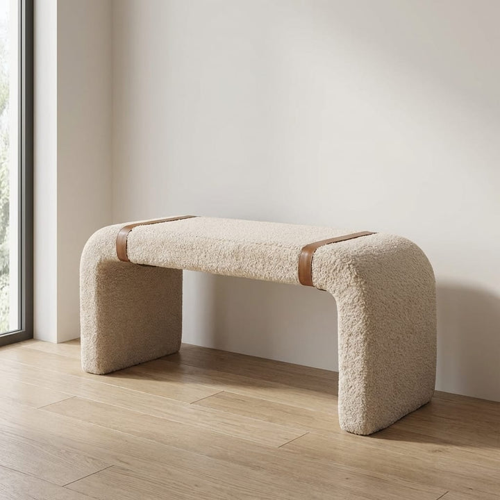 Boucle Leather Strap Bench - Solid Mango Wood Seating Furniture for Entryway - main view showing handcrafted solid mango...
