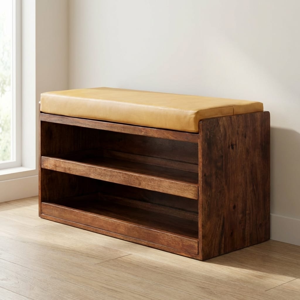 Buffalo Hide Pull out Honey Caramel Shoe Storage Bench - Solid Mango Wood Seating Furniture for Entryway - main view...