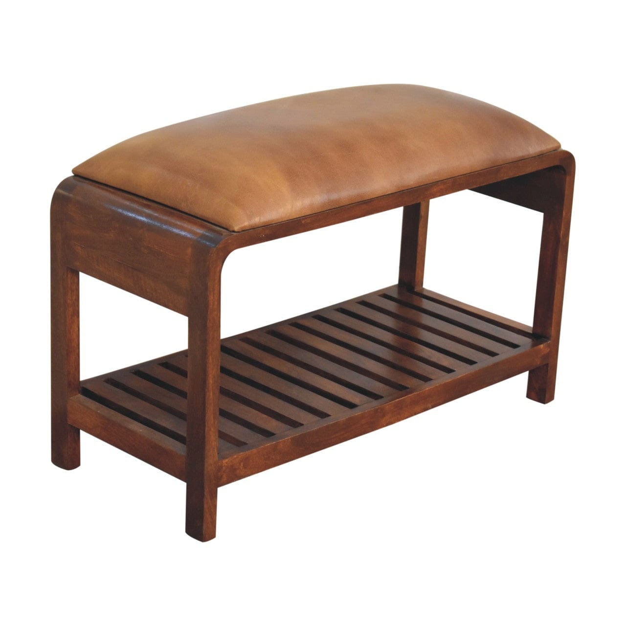Buffalo Slatted Square Bench - Solid Mango Wood Seating Furniture for Entryway - product view 4 showing handcrafted solid...