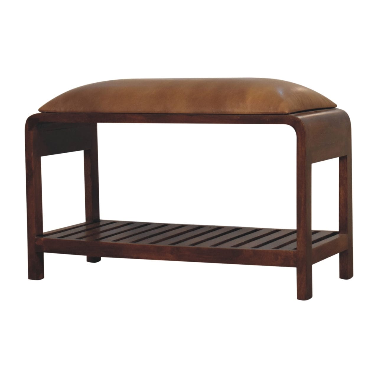 Buffalo Slatted Square Bench - Solid Mango Wood Seating Furniture for Entryway - product view 3 showing handcrafted solid...