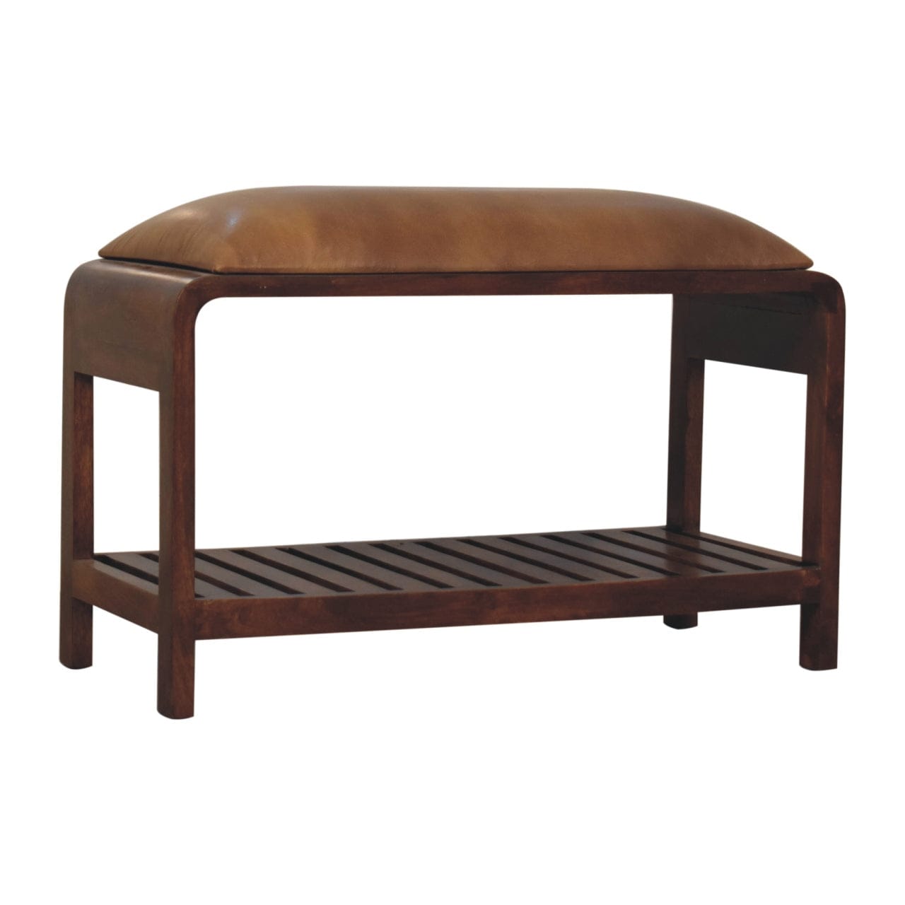 Buffalo Slatted Square Bench - Solid Mango Wood Seating Furniture for Entryway - product view 2 showing handcrafted solid...