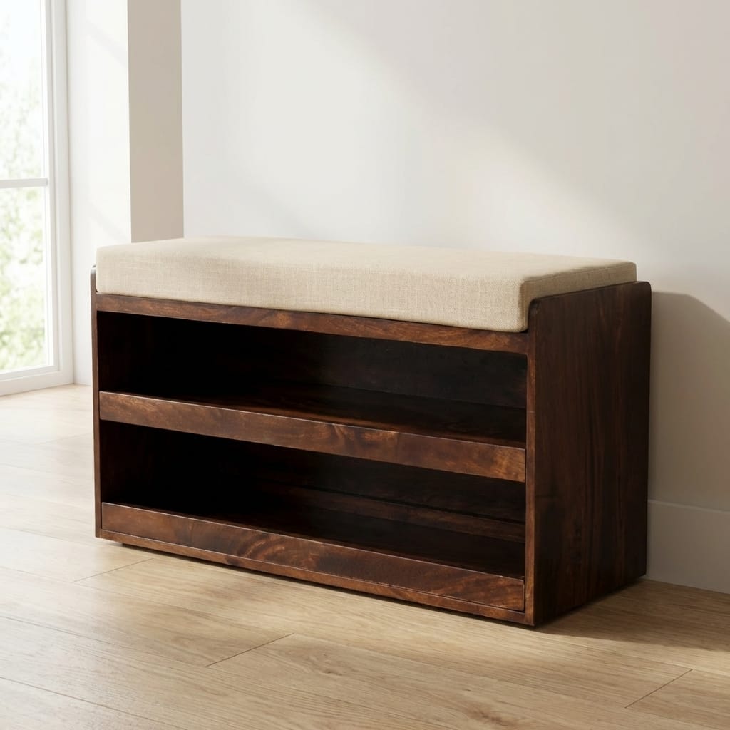 California Walnut & Mud Linen Pull out Shoe Bench - Solid Mango Wood Seating Furniture for Entryway - main view showing...