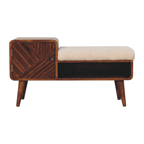 Carved Boucle Chestnut Entryway Bench - Solid Mango Wood Seating Furniture for Entryway - product view 9 showing...