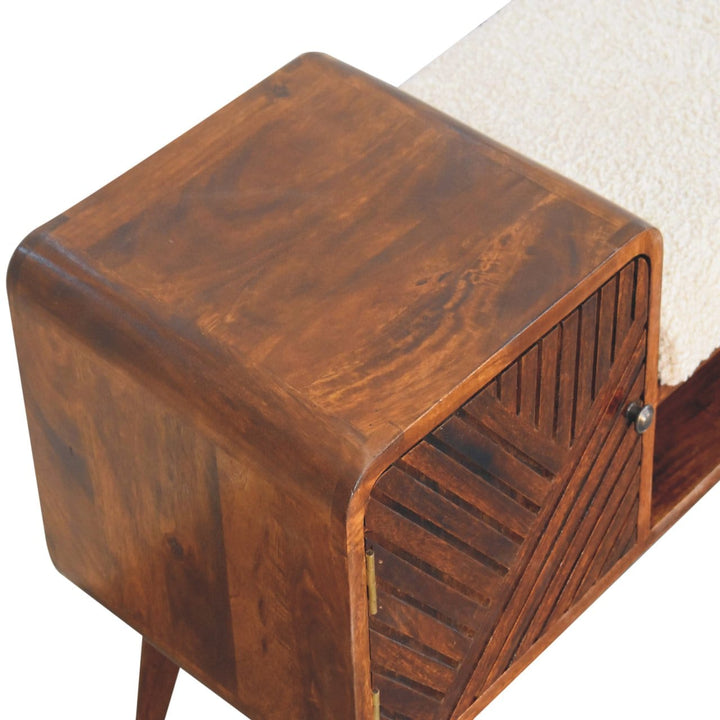 Carved Boucle Chestnut Entryway Bench - Solid Mango Wood Seating Furniture for Entryway - product view 5 showing...
