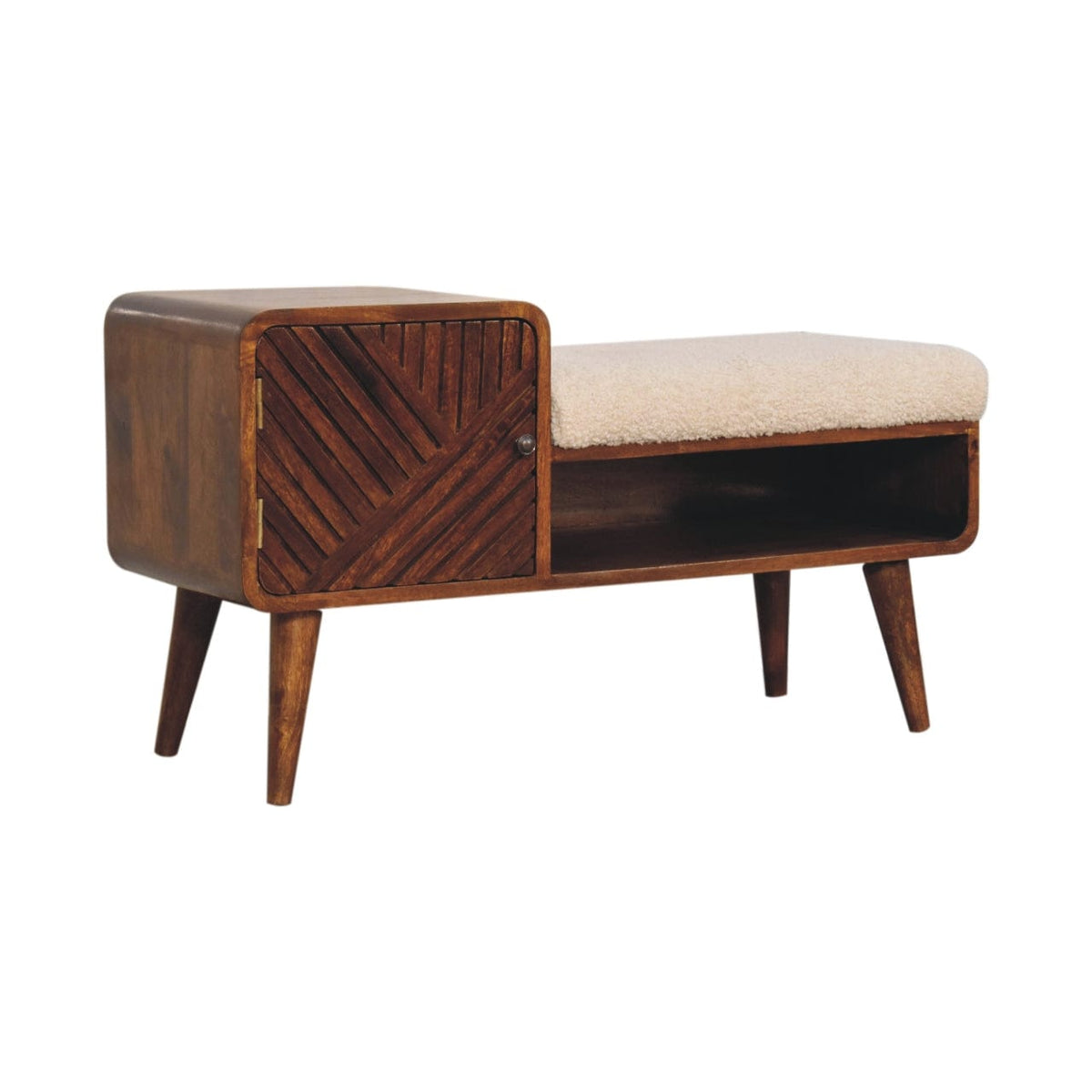 Carved Boucle Chestnut Entryway Bench - Solid Mango Wood Seating Furniture for Entryway - product view 3 showing...