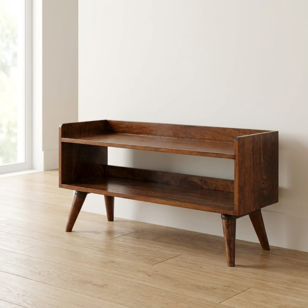 Chestnut Nordic Storage Bench - Solid Mango Wood Seating Furniture for Entryway - main view showing handcrafted solid...