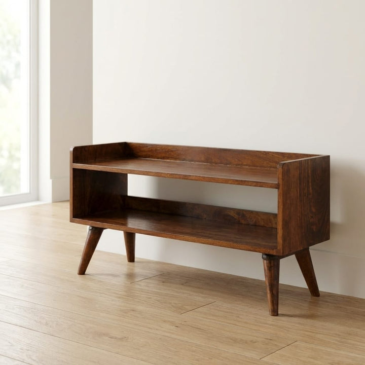 Chestnut Nordic Storage Bench - Solid Mango Wood Seating Furniture for Entryway - main view showing handcrafted solid...